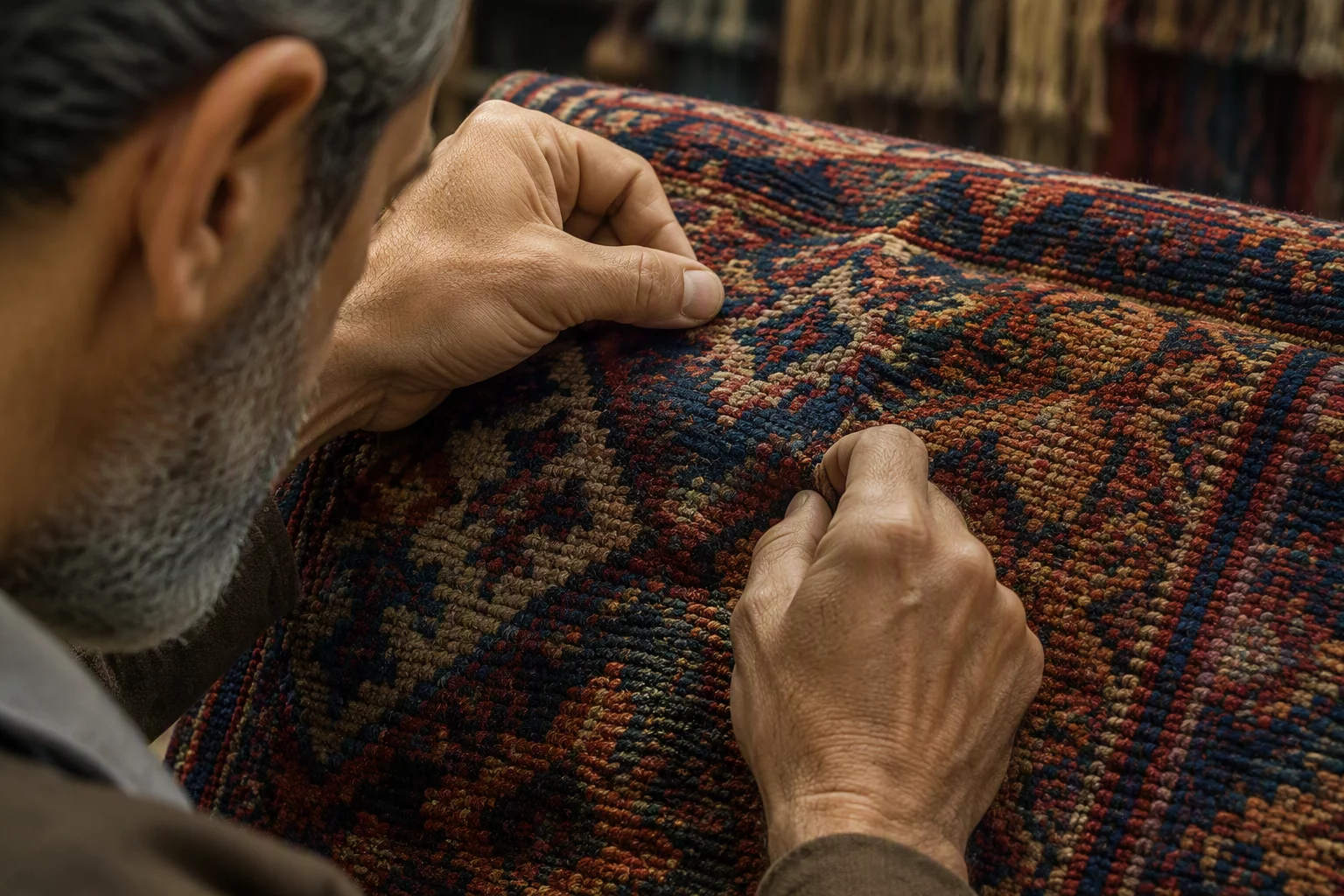 Artisan wool rug weave inspection at Cargo Rugs Canada warehouse